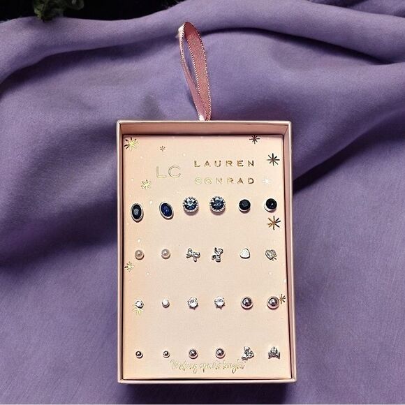LC Lauren Conrad 12 Pairs Of Rhinestone Pearl Silver Stud Earrings Box Set NWT - Picture 1 of 4